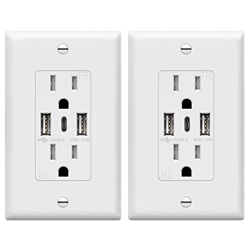 TOPGREENER USB Outlet, 3-Port Type C USB Wall Outlet, 15 Amp Tamper-Resistant Receptacle Plug, Charging Power Outlet with USB Ports, UL Listed, TU21536AC3-2PCS, White, 2 Pack