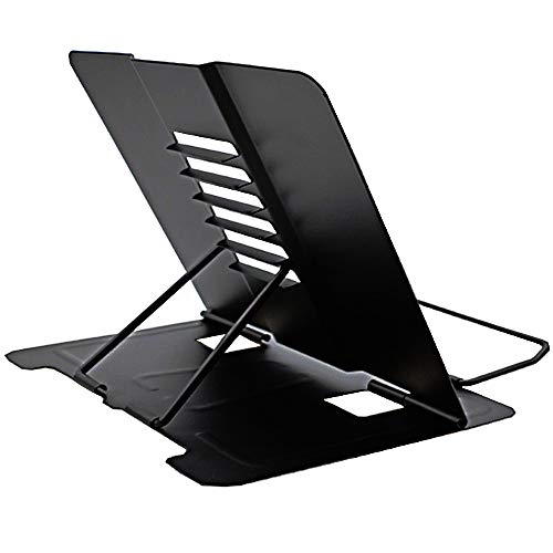 Metal Book Stand Folding Reading Book Holder with 6 Adjustable Angles and Paper Page Clip,Sturdy Desktop Rest Book Holder for Cookbook,Magazine,TextbooksDocument, Music Book, Laptop,Tablet(Black)