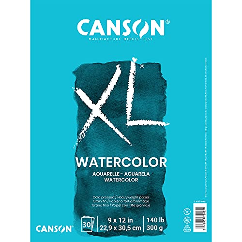 Canson XL Series Watercolor Textured Paper Pad for Paint, Pencil, Ink, Charcoal, Pastel, and Acrylic, Fold Over, 140 Pound, 9x12 Inch, , 30 Sheets