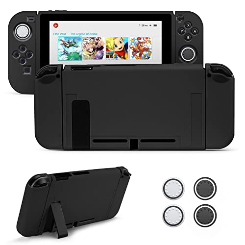 JINGDU Protective Case Compatible with Nintendo Switch 2017, Dockable TPU Cover Accessories for Switch Console and Grip Joy-Con, The Switch Protector with 4 Thumb Grip Caps, Black
