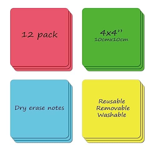 SVNOOC Dry Erase Sticky Notes Reusable & Washable 4"x4" 12Pack Great for Labels, Lists, Reminders and Decals, Easy to Post for Office Supplies, School Supplies, Teacher Supplies