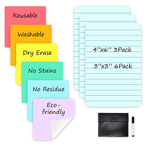 Dry Erase Sticky Notes - Colorful Reusable Whiteboard Stickers - Each Set Includes 3"x3" 6 Pack and 4"x6" Lined 3 Pack - Suitable for All Smooth Surface - Washable, Removable and Eco-Friendly!