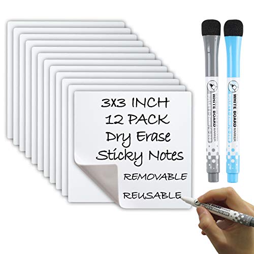 Dry Erase Sticky Notes, Reusable Whiteboard Sticker (3 inch Square 12 Pack), 2 Magnetic Fine Tip Markers with Erasers, Great for Reminders, Labels, Lists and Decals, Eco-Friendly, Paper Saving.