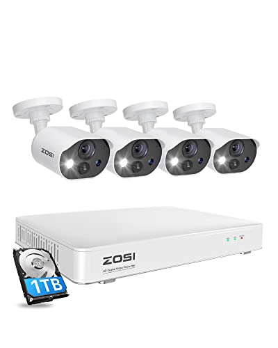 ZOSI C303 Spotlight Home Security Cameras System with Audio,8CH 5MP Lite DVR,4 x 1080p Outdoor Cameras,Color Night Vision,Person Vehicle Detection,Light&Siren Alarm,1TB HDD for 24/7 Recording