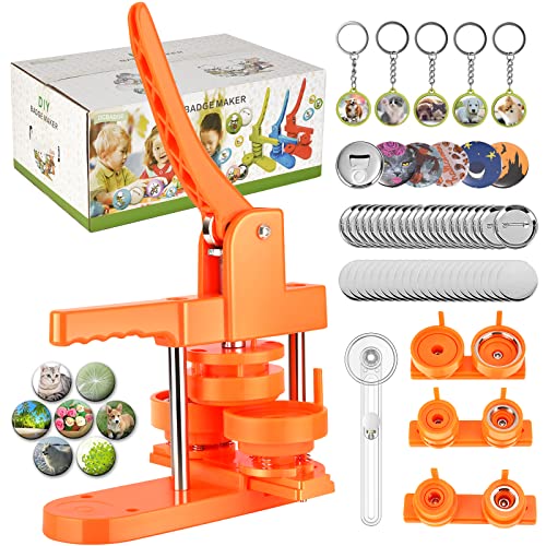 Button Maker Machine Multiple Sizes, 1+1.25+2.25 inch DIY Button Pin Maker Machine for Kids, 300PCS Button Making Supplies with Badge Buttons, Bottle Openers, Fridge Stickers and Keychains (Orange)