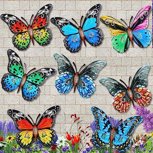 8 Pieces Metal Butterfly Wall Art Decor, 3D Butterfly Hanging Wall Decor Sculpture for Balcony Patio Living Room Garden Outdoor Fence Decoration (Stylish Style)