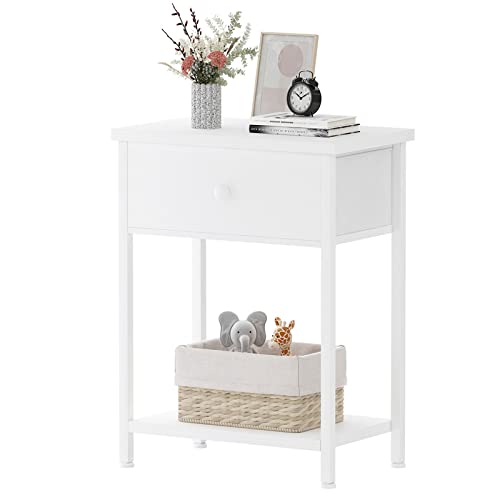 White Nightstand with Drawer, Small Night Stand with Shelf Storage End Table for Bedroom, Dorm, Modern Bedside Tables