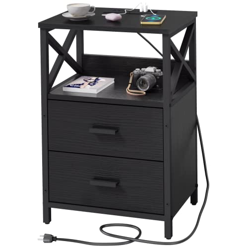 LTTDOUK Nightstand with Charging Station, Black End Table with 2 Wooden Drawers, Side Table with USB Ports and Outlets, Modern Bedside Tables with Open Storage for Bedroom, Living Room