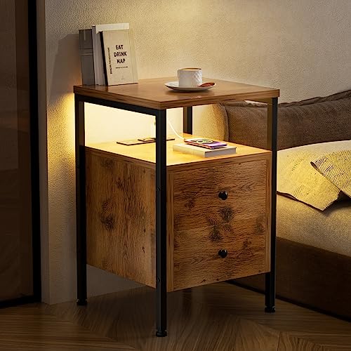 YILQQPER Nightstand with LED Light, Charging Station, 2 Deep Drawers & Shelves, Wood Night Stand Bed Side End Table for Bedroom & Living Room, Rustic Brown