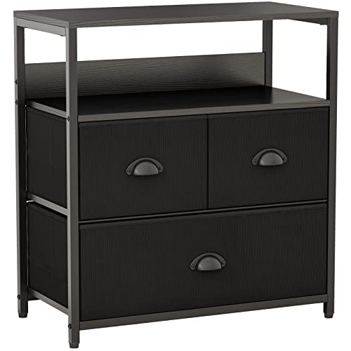 Furologee Nightstand with 3 Drawers, Dresser with Storage Shelf, Bedside Table/Closet Organizer, Rustic Fabric Linen Bins & Wooden Top for Bedroom, Hallway, Hotel (Black)