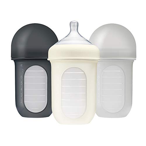 Boon NURSH Reusable Silicone Baby Bottles with Collapsible Silicone Pouch Design  Everyday Baby Essentials  3 Count  Stage 2 Medium Flow  8 Oz  Gray