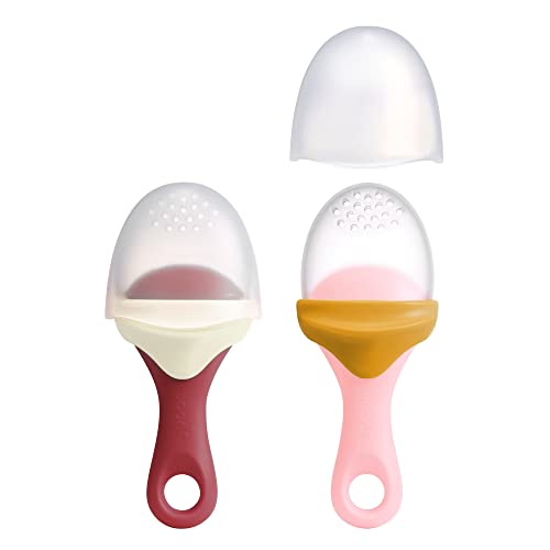 Boon PULP Silicone Baby Feeder  2 Count  Orange/Pink and White/Mauve  Soft Silicone Vegetable and Fruit Feeders  Teething Baby Essentials