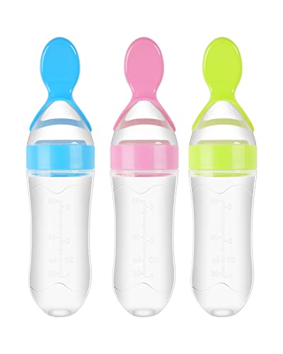 Baby Food Feeder, 3 Pack Squeeze Feeding Spoons, Silicone Baby Feeding Supplies, 3 oz Food Dispensing Spoon for Boys Girl Kids Toddlers