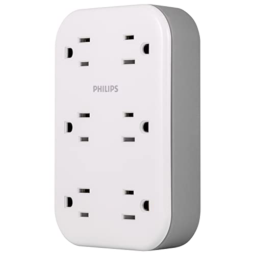 Philips 6-Outlet Extender Surge Protector, Wall Tap, 3-Prong, Space Saving Design, White, SPP6602W/37