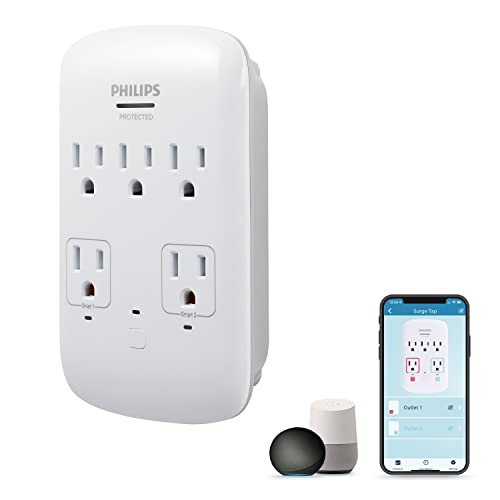Philips 5-Outlet Extender Smart Surge Protector, Wall Tap, 2 Independent Wi-Fi Outlets, 3-Prong, Voice Controlled Through Amazon Alexa and Google Assistant, ETL Listed, White, SPP3461WF/37