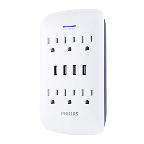 Philips 6-Outlet Extender with 4-USB Port Surge Protector, Charging Station, 900 Joules, Grounded Power Adapter, Indicator Light, 3-Prong, 4.2 AMP/21 Watt, ETL Listed, White, SPP6463WG/37