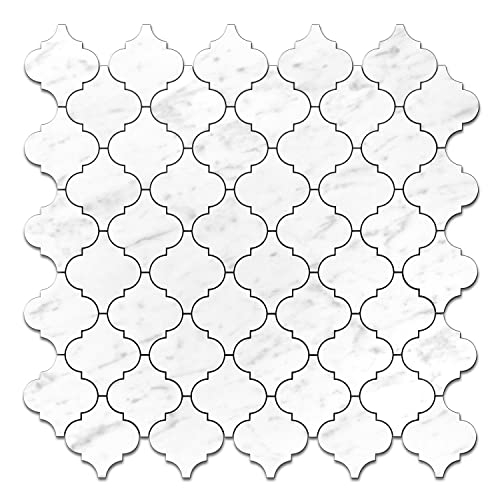 STICKGOO Arabesque Peel and Stick Backsplash Tile, Stick on Backsplash for Kitchen and Bathroom, Carrara White Marble Look PVC Mixed Metal Aluminum Mosaic Tiles(10 Sheets)