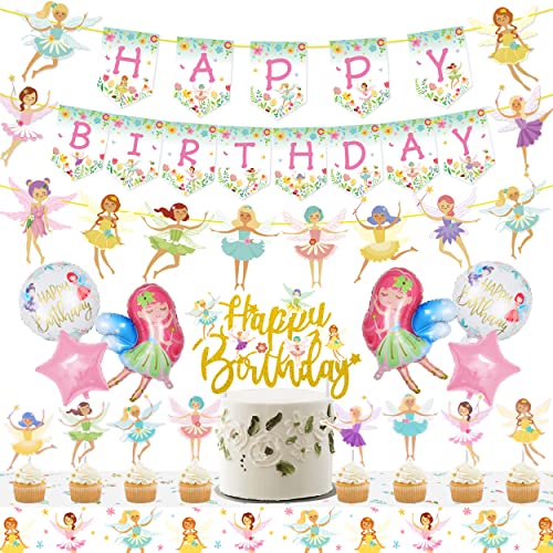 Fairy Birthday Party Decoration Fairy Party Favors Happy Birthday Banner Fairy Cake Topper Foil Balloons Tablecloth for Fairy Garden Party Fairy Theme Birthday Party Baby Shower Supplies