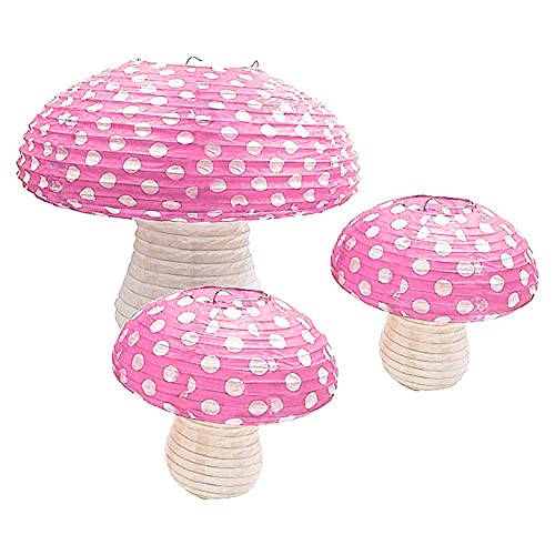 3Pcs Pink Large Mushroom Paper Lanterns for Forest Jungle Wonderland Themed Birthday Party Decor Hanging 3D Mushroom Ornament Backdrop for Fairy Baby Shower Nursery Garden Wedding Decorations