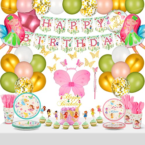 Glimin 220 Pcs Fairy Birthday Party Decoration Fairy Party Favors Happy Birthday Banner Fairy Cake Topper Fairy Party Plates Cups Butterfly Wings Costume for Fairy Theme Girls Birthday Party Supplies