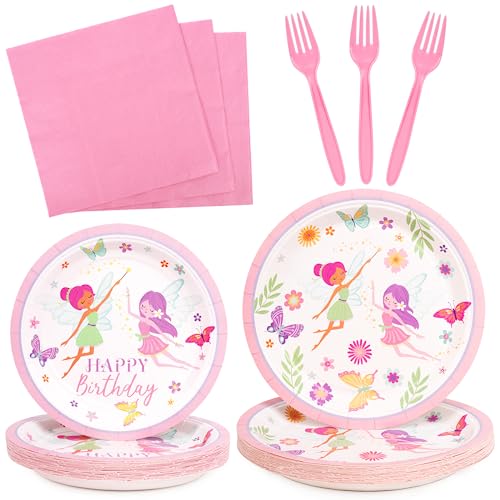 DECORLIFE Fairy Birthday Party Supplies Serves 24, Includes Birthday Plates and Napkins, Forks for Girls Fairy Birthday Party Decorations, Total 96PCS