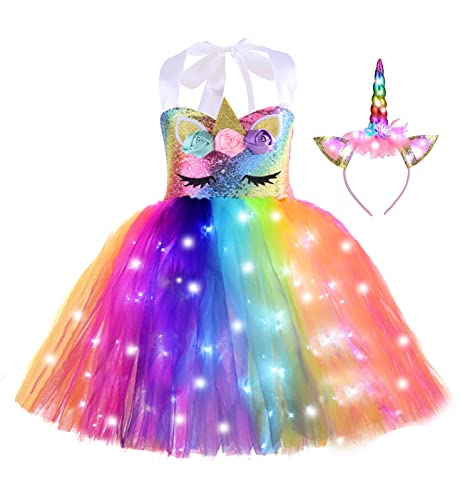 ZeroStage Sequin Lighted Unicorn Princess Dresses for Girls with Headband Birthday Christmas Decorations Halloween Costumes Party Outfits Kids Fairy Dance Tutu Favors Rainbow 3 Years - 4T Old