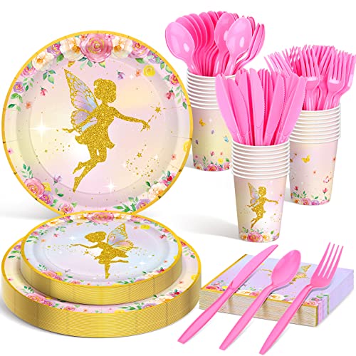 Meanplan Serves 24 Guests Unicorn Butterfly Fairy Plates and Napkins Birthday Baby Shower Party Decorations for Girls Included Cups Knives Forks Spoons Total 168 Pcs (Fairy Style)