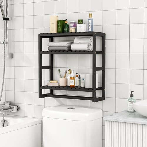 Galood Bathroom Organizer Shelves Black Adjustable 3 Tiers Floating Shelf Over The Toilet Storage with Hanging Rod