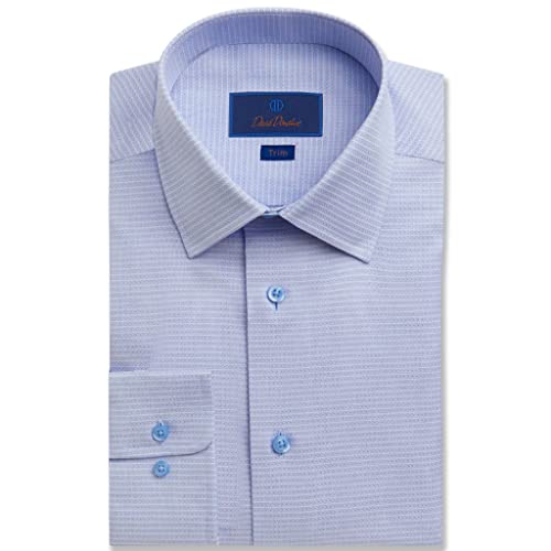 David Donahue Men's Trim Fit Long Sleeve Cotton Textured Dobby Weave French Placket Dress Shirt, Blue, 16.5" Neck x 36-37" Sleeve