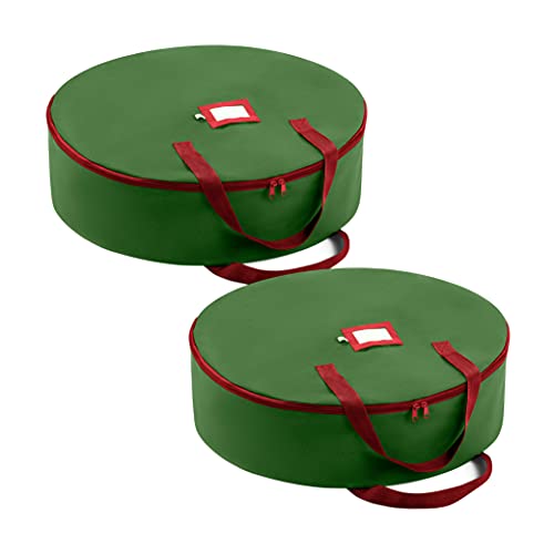 ZOBER Christmas Wreath Storage Container - 36 Inch Wreath Bag for Artificial Wreaths - Dual Zippered Wreath Storage W/Strong, Durable Handles - 2 Pack (Green)
