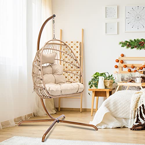 NICESOUL Swing Egg Chair with Stand Indoor Outdoor Wicker Rattan Patio Basket Hanging Chair with UV Resistant Cushions 350lbs Capaticy for Bedroom Balcony Patio (Cream)