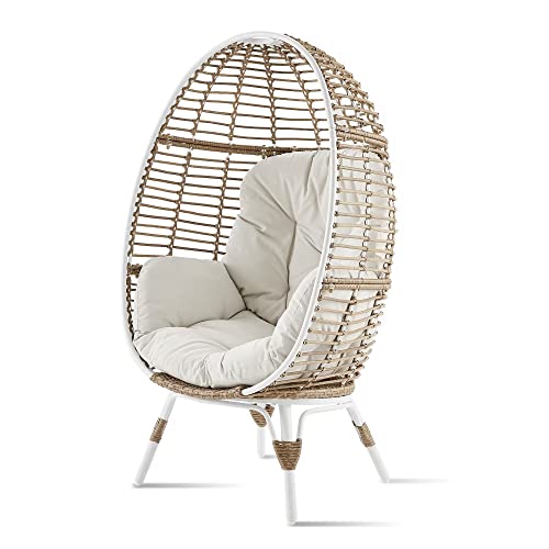 Ulaxfurniture Wicker Egg Chair, Outdoor Teardrop Wicker Lounge Chair with Cushion and Pillow, Rattan Chair for Patio, Backyard, Living Room