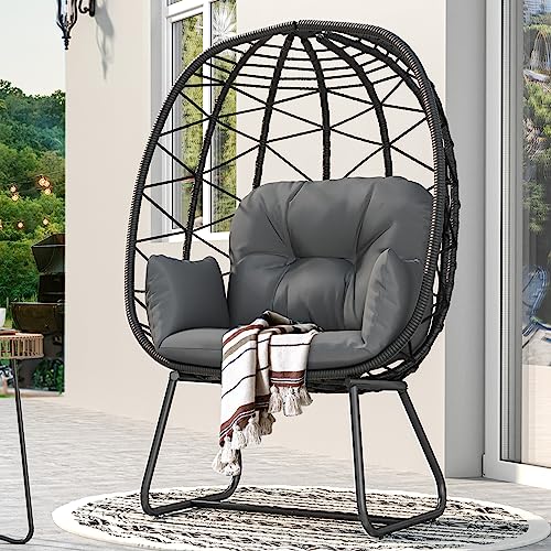 YITAHOME Egg Chair with Stand Outdoor Indoor Egg Lounge Chair with Cushion Wicker Chair PE Rattan Chair Ottoman Included for Patio, Garden, Backyard, Porch, Gray