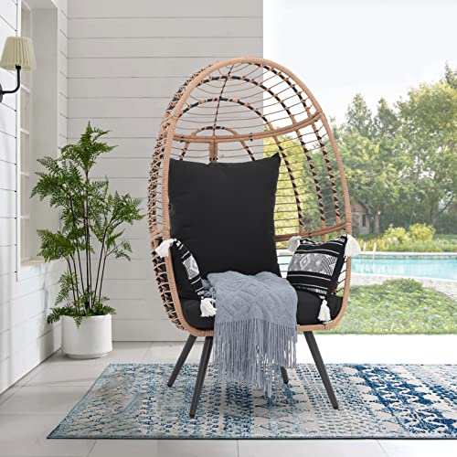 JOIVI Wicker Egg Chair, Outdoor Indoor Oversized Lounger Large Egg Basket Chair with Stand and Cushions for Patio Porch, Backyard, Living Room, Balcony (Beige Rattan, Black Cushion)