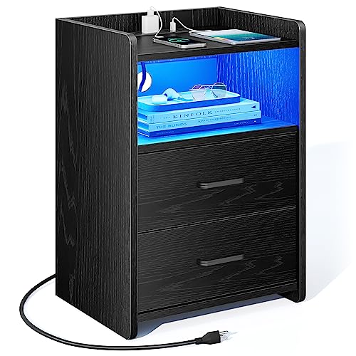 DEPAD Nightstand with Charging Station and LED Light Strip, Bedside Tables with 2 Drawers, Side Table for Bedroom, LED nightstand (14" D x 16" W x 23.6" H)