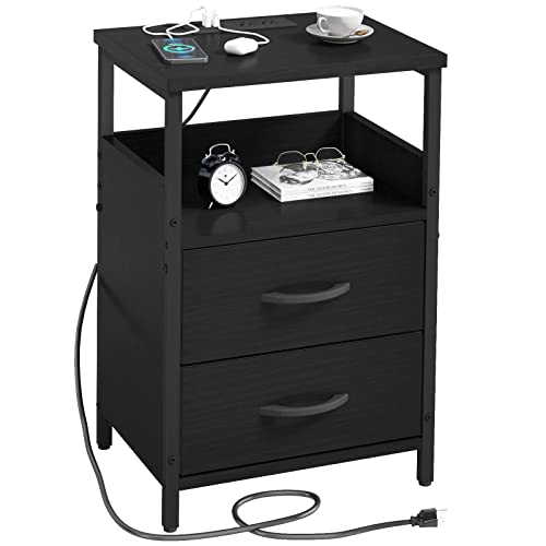KHLJJU End Table with Charging Station, Nightstand with Fabric Drawer, Small Side Table for Small Spaces, Black Bedside Tables with USB Ports and Outlets for Living Room, Bedroom, Office
