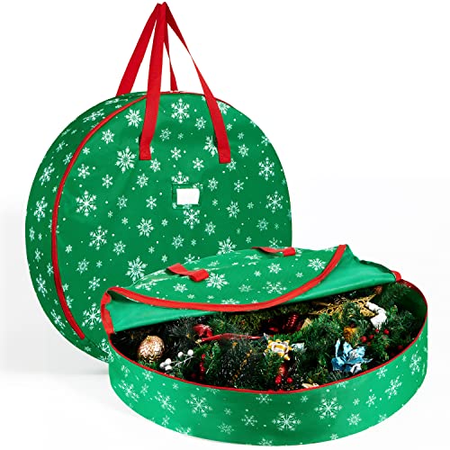 Joiedomi 30" Christmas Wreath Storage Bag (Green), Snowflake Patterned Garland Container with Sturdy Handles, Oxford Material, Card Slot and Dual Zipper for Xmas Holiday