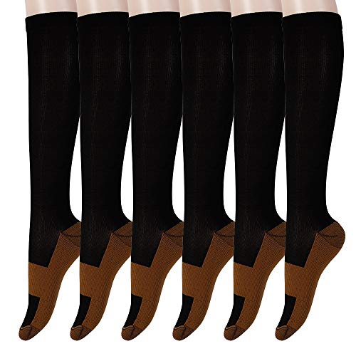 Graduated Copper Compression Socks 6 Pairs Knee High Socks for Men Women Pain Ache Relief Stockings 15-20 mmHg (XXL, Black)