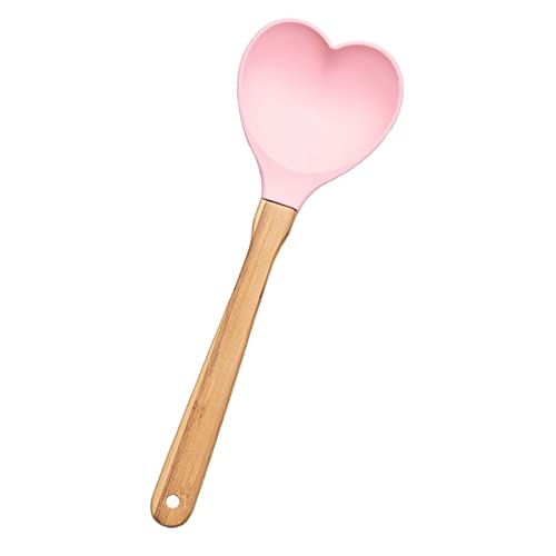 Heart shaped Silicon Wood Spoon Cooking, Serving, Stirring, Mixing kitchen utensil,meaningful kitchen gift idea, Made With Love, house warming, Mother's day, Wedding, Engagement(Pink)