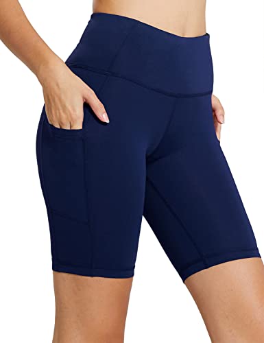 BALEAF Women's Biker Shorts High Waist Yoga Running Workout Gym Spandex Compression Tummy Control Summer Pockets 8" Navy Blue M