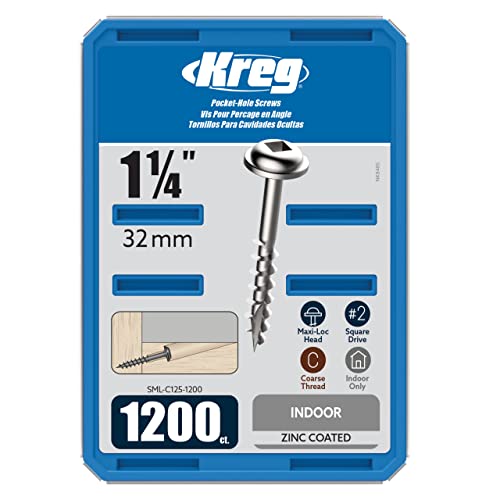 Kreg SML-C125-1200 Zinc Pocket Screw, 1 1/4 Inch #8 Coarse Thread, Maxi-Loc Head, (1200 Count)