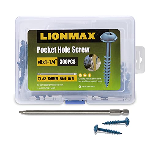 LIONMAX Pocket Hole Screws, 300PCS #8 x 1-1/4" Wood Screws with Square Drive, Blue Coated Exterior Screws for Outdoor Use, Weather Resistant, Coarse Thread, Self Tapping, 150MM Drive Bit Included