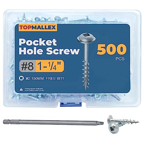 Pocket Hole Screws 1 1/4 inch, TOPMALLEX Wood Screws #8 x 1-1/4" with Square Drive 500PCS, Coarse Thread, Washer Head, Self Tapping, Zinc Plated, 150MM Drive Bit Included