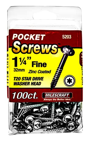 Milescraft 5203 Wood Pocket Hole Screws - #7 x 1-1/4" Washer Head with Fine Thread (100pc.), Torx Drive Self-Tapping, for Indoor Use