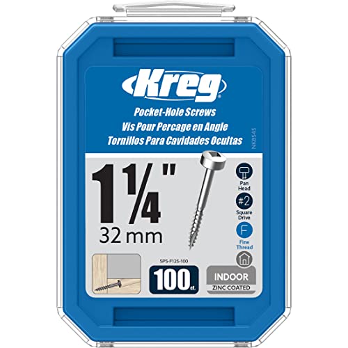 Kreg SPS-F125-100 Zinc Pocket Screws, 1-1/4 Inch #6 Fine Thread, Pan Head (100 Count)