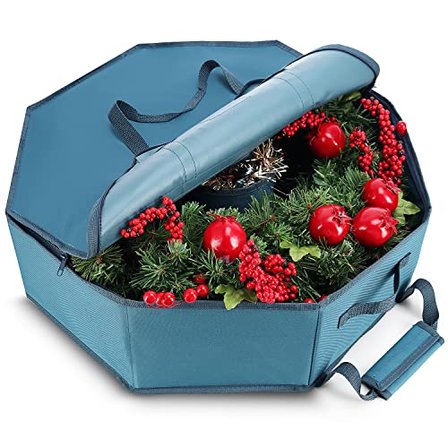 Hearth & Harbor Wreath Storage Container - Hard Shell Christmas Wreath Storage Bag With Interior Pockets, Dual Zipper And Handles - 36" Premium Wreath Storage Organizer Box