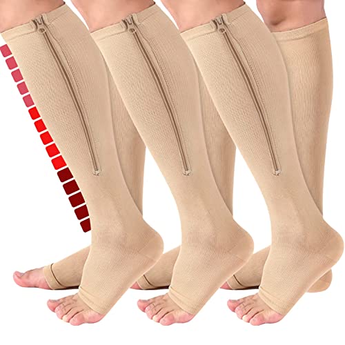 3 Pairs Zippre Compression Socks - Calf Knee High Open Toe Compression Stockings Nude 15-20mmHg Large