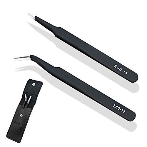 ESD Anti Static Precision Electronics Tweezers Tools Kit, Non Magnetic Multi-Standard Stainless Steel Tweezer Set for Electronics Jewelry-Making Repairing and Cell Phone Repair,2pack (ESD-14&15)