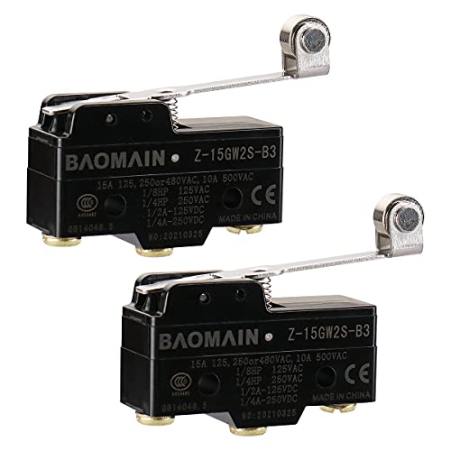 Baomain Micro Switch Z-15GW2S-B (LZ15-GW2M-B) 3-Screw Terminal Long Hinge Roller Lever AC DC Limit Pack of 2