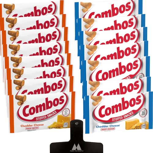 Combos Baked Snacks Variety Sampler - Cheddar Cheese Cracker and Pretzel - 16 Pack - 1.7 Ounces Each - With Mighty Merchandise Bag Clip